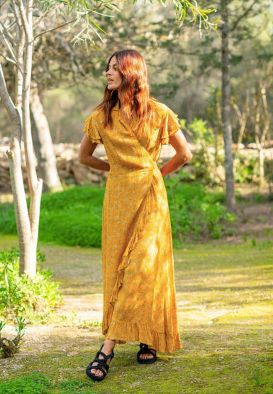 PRINTED RUFFLE WRAP MAXI DRESS YELLOW ORIENTAL FLOWER