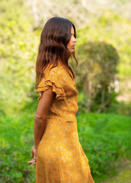 PRINTED RUFFLE WRAP MAXI DRESS YELLOW ORIENTAL FLOWER