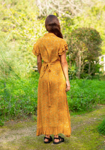 PRINTED RUFFLE WRAP MAXI DRESS YELLOW ORIENTAL FLOWER